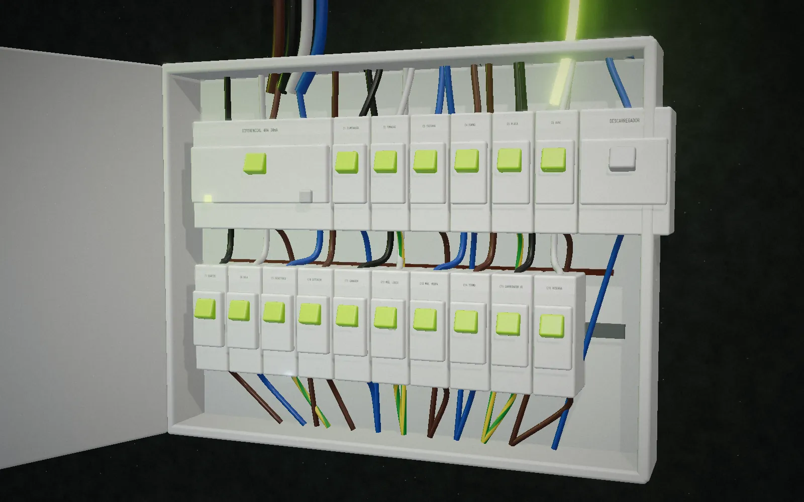 Quadro elétrico aberto com diferencial e disjuntores identificados por circuito