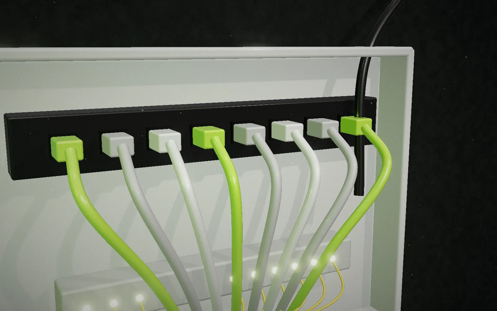 Bastidor de telecomunicações com cabos de rede ligados ao painel